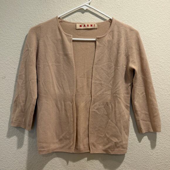 Marni Tan 100% Cashmere 3/4 Sleeve Open Front Cardigan Sweater Size 4 - Picture 1 of 6